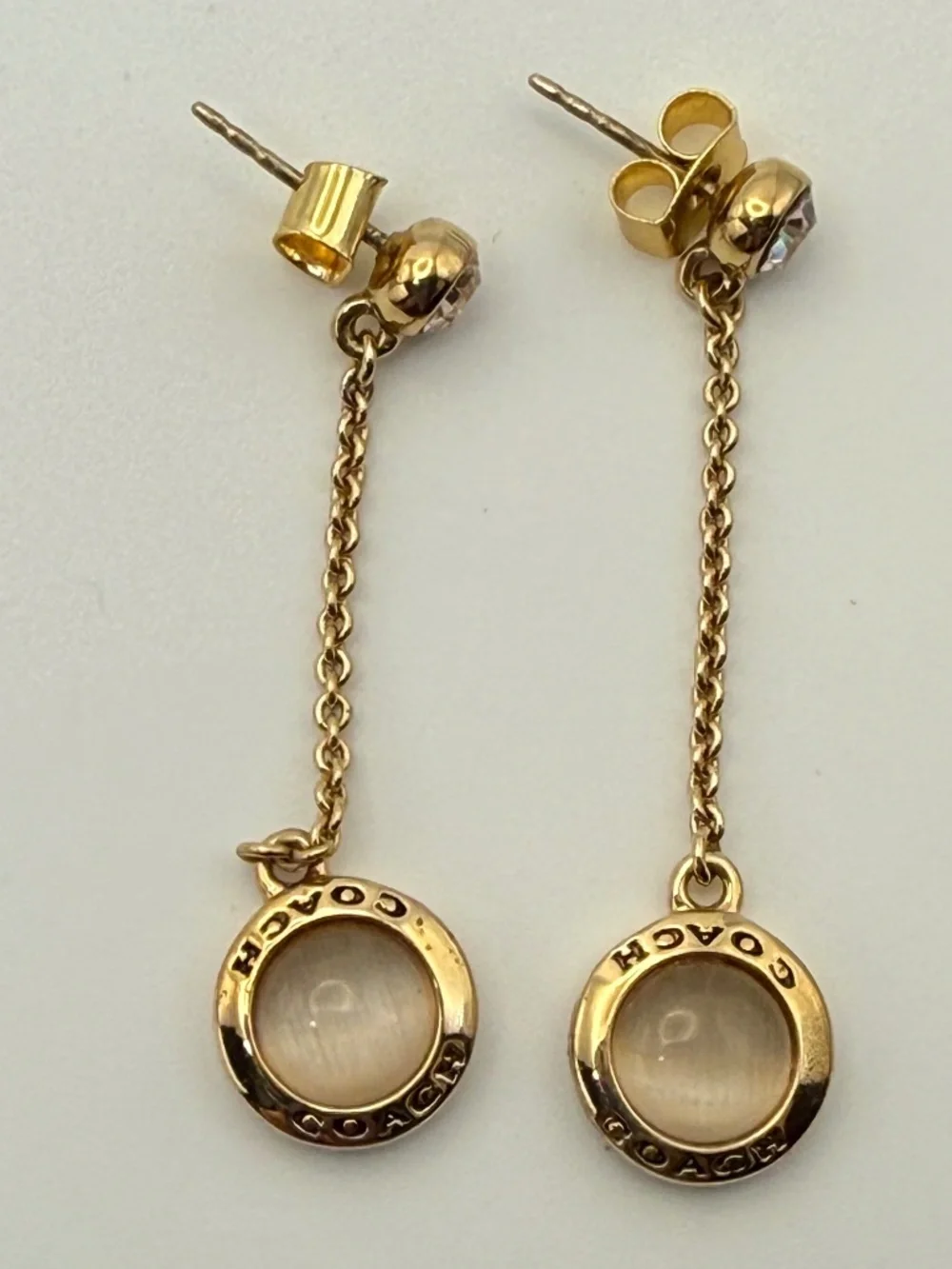Coach Gold Tone Dangle Earrings Crystal Logo Charm Drop Earrings - Picture 2 of 5